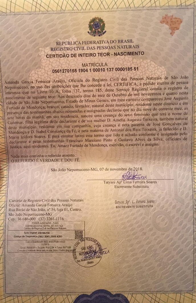 Certido de nascimento de Guiomar Henriques Mendona