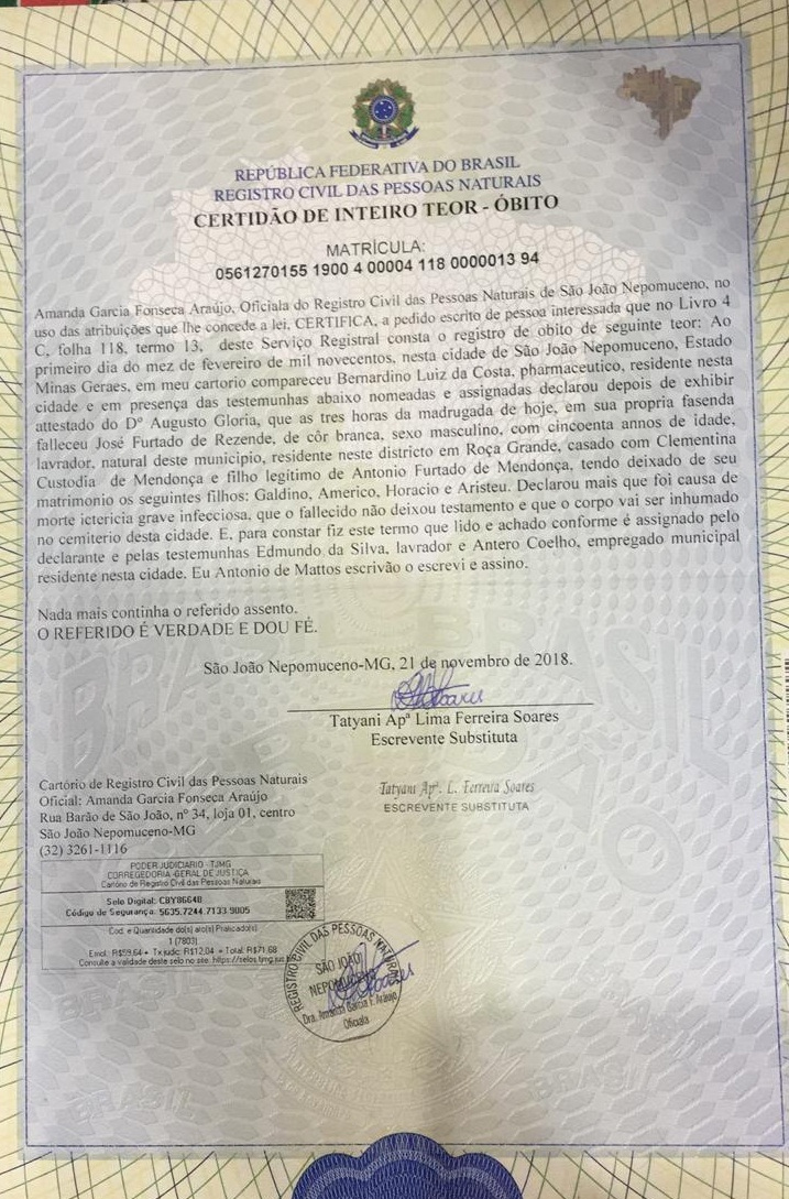 Certido de bito de Jos Furtado de Rezende