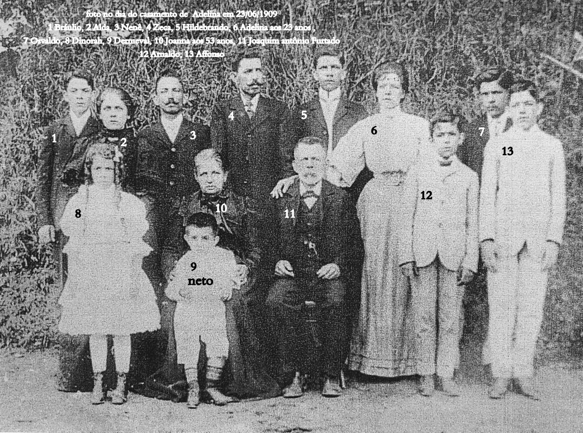 Foto no dia do casamento de Adelina
1. Brulio Henriques Furtado
2. Alda Henriques Furtado
3. Joaquim Antonio Henriques Furtado (Nen)
4. Jos Henriques Furtado de Mendona (Zequinha)
5. Hildebrando Henriques Furtado
6. Adelina Henriques Furtado
7. Oswaldo Henriques Furtado
8. Dinorah Henriques Furtado
9. Dermeval Henriques Furtado
10. Joanna Baptista Soares
11. Joaquim Antnio Furtado
12. Arnaldo Henriques Furtado
13. Affonso Henriques Furtado / Afonso